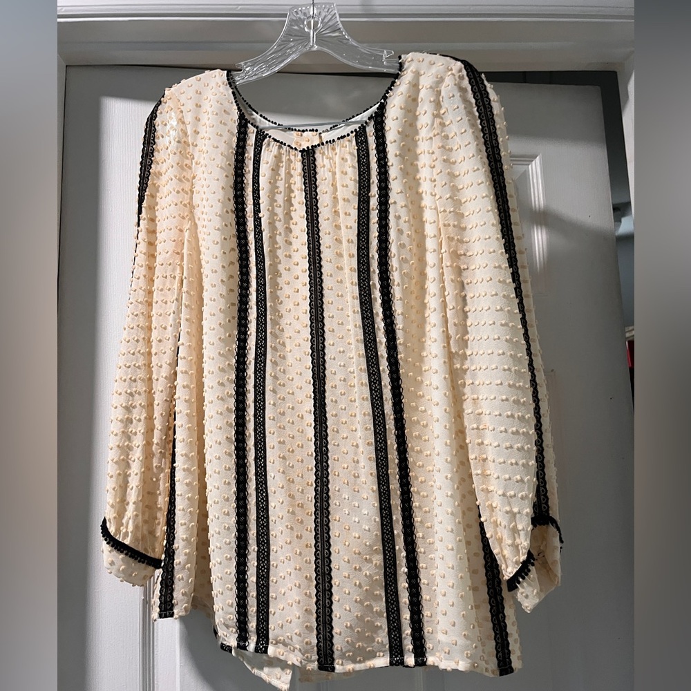 Womens J.CREW Ivory Black Lace Swiss Dot 3/4 Sleeve Tunic Top